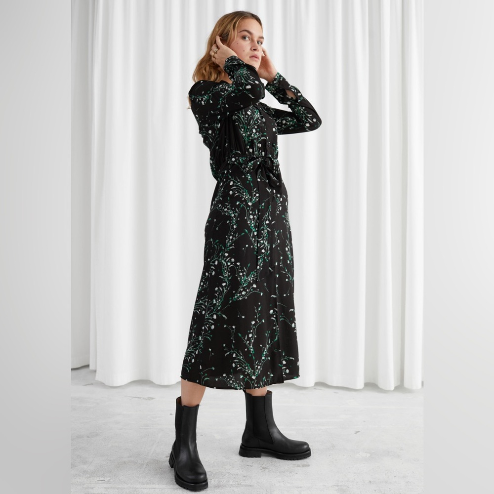 & Other Stories Floral Open Collar Belted Midi Dress size 0